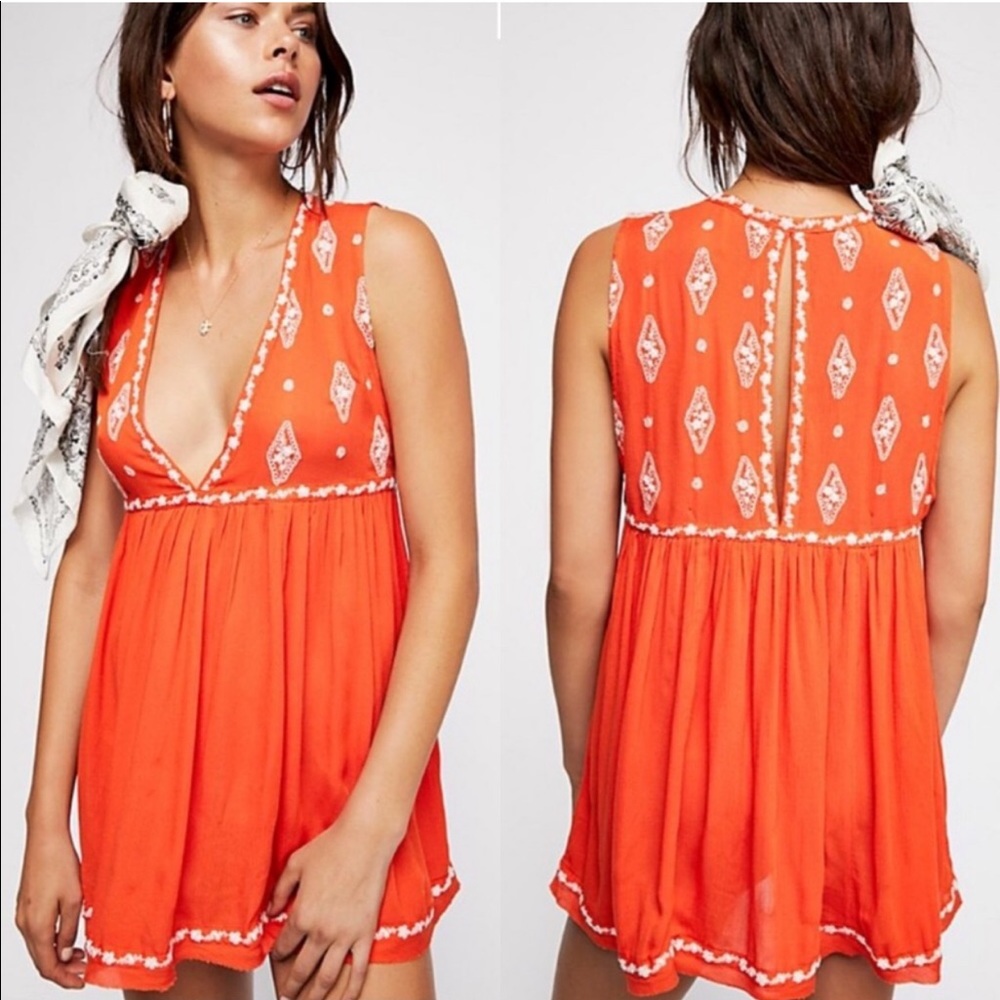 Free People Orange Boho Diamond Embroidered Sleeveless Tunic Top Size Small